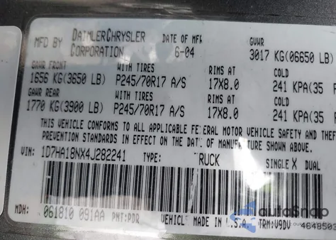 2004 Dodge Ram 1500 Slt/Laramie z USA, uszkodzony, nr VIN 1D7HA18NX4J282241